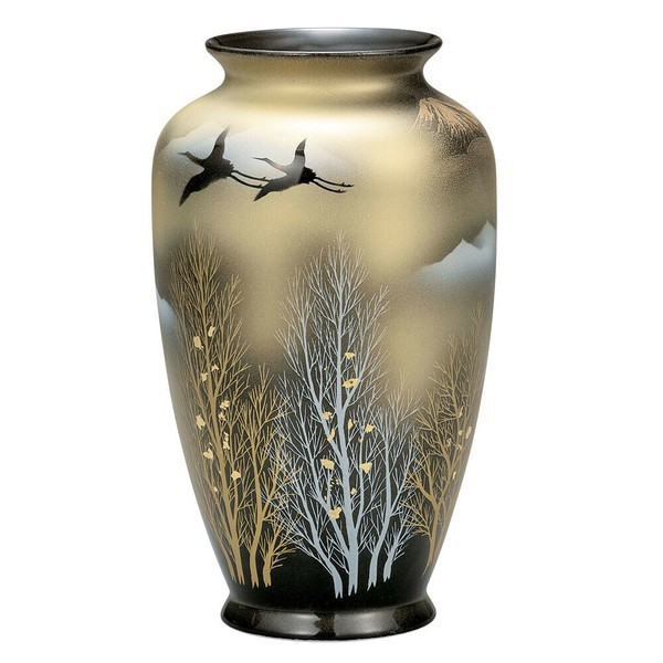Kutani yaki ware Japanese Flower Vase Gold-Ground Landscape with Cranes Japan