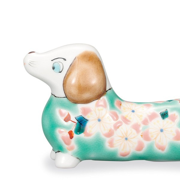 Kutani porcelain Japanese Dachshund Figurine Sakura Pattern Taishi kiln Japan