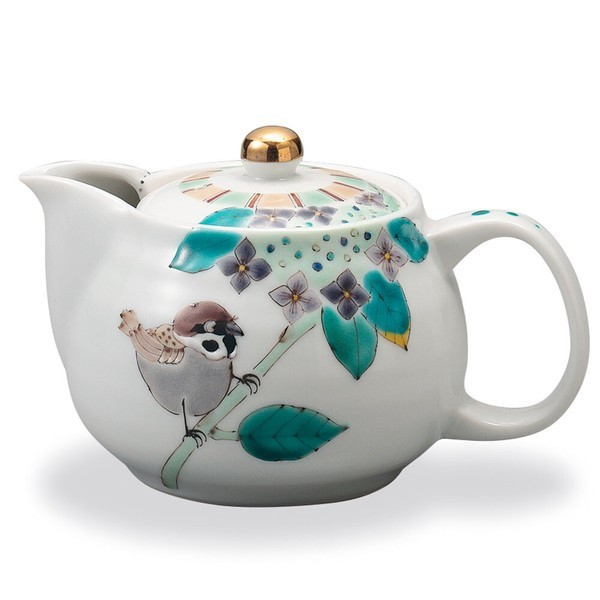 Kutani ware Japanese tea pot Sparrow in the Hydrangea Blossom Taishi Kiln Japan