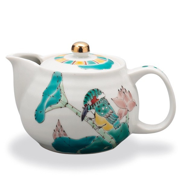 Kutani ware Japanese tea pot Lotus and Kingfisher Taishi Kiln Japan