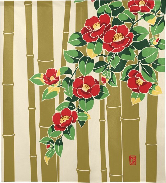 Noren Japanese door curtain 33.5x35.4 in polyester Bamboo and Camellia