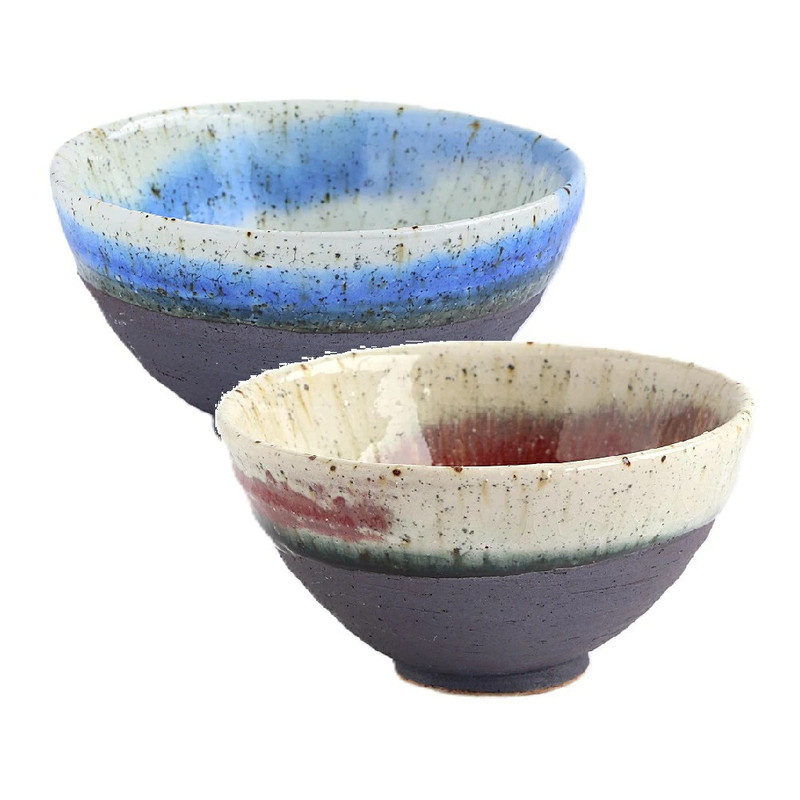 Pair Shigaraki ware Japanese Rice bowl Gohan Chawan Uzura Blue Red glaze Japan