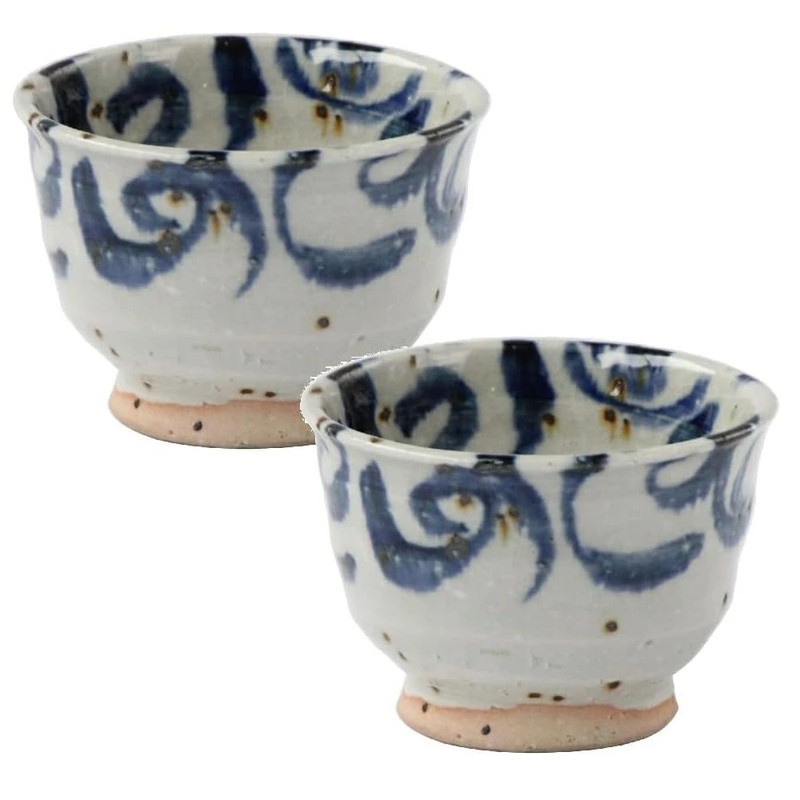 Guinomi Shigaraki ware Japanese Sake cup set of 2 Minamo Karakusa Blue Japan