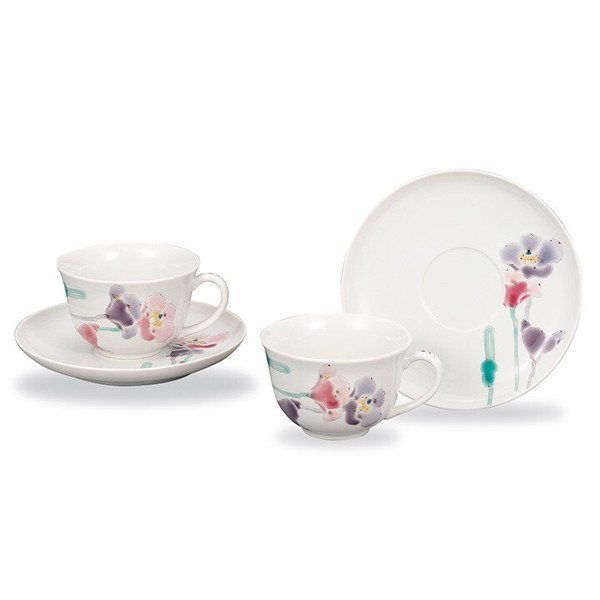 Pair Kutani ware Japanese Coffee cup saucer  Taishi Kiln Poppy Flower Japan