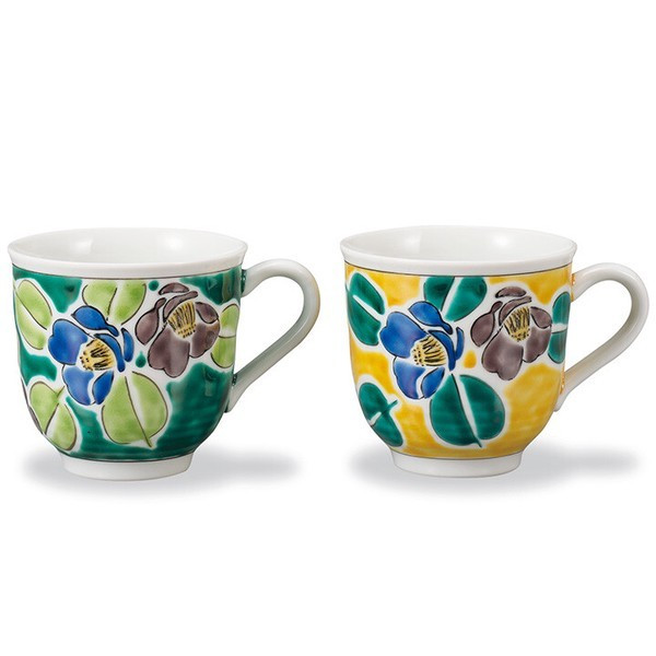 Pair Kutani ware porcelain Mug Coffee Tea cup Yoshida-ya Sazanka Yellow Green