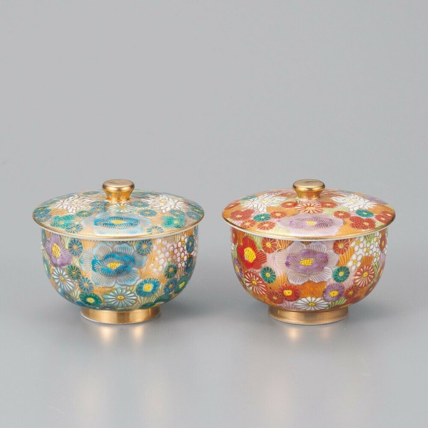Kutani ware Japanese Green tea cup Lid setHanatsume Gold Blue Red Japan