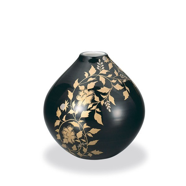 Gold-Decorated Kutani ware Kinran-de Japanese Flower Vase Black Japan Taishi