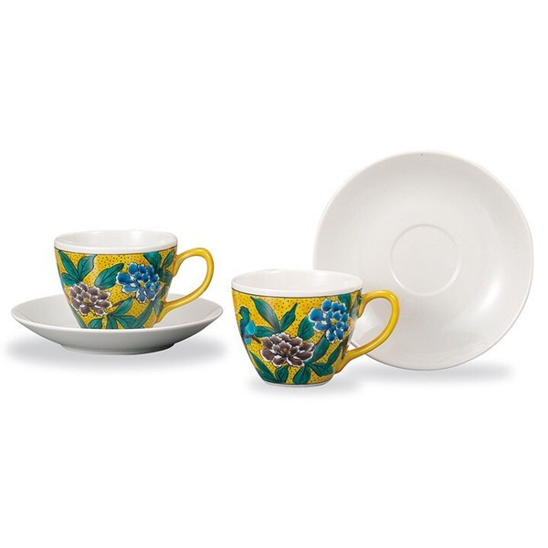 Pair Kutani ware Japanese Coffee cup saucer Koyo Kiln Yoshida-ya Flower Bird