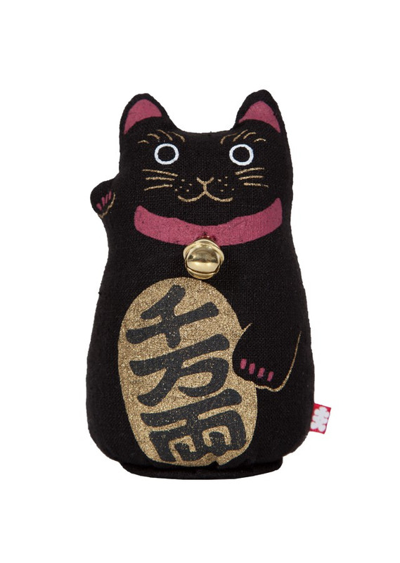 Kyoto Oiri DESIGN Hand-Dyed Linen Maneki neko Japanese Lucky cat Doll Black