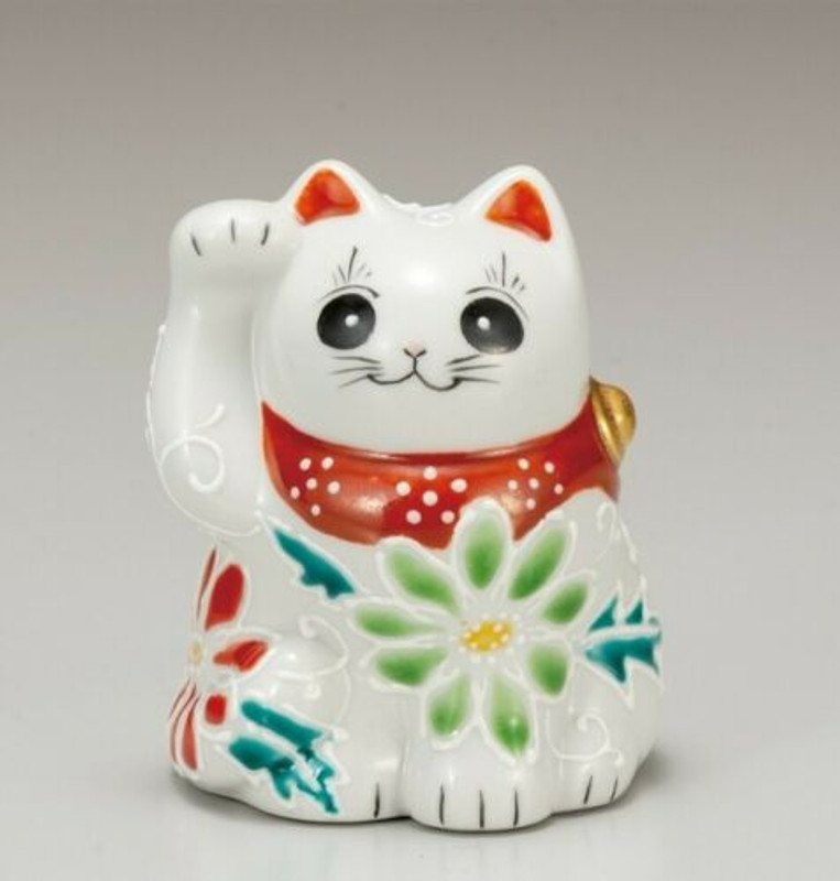 Maneki neko Japanese lucky cat Kutani yaki porcelain Cute Flower Mori Art Japan