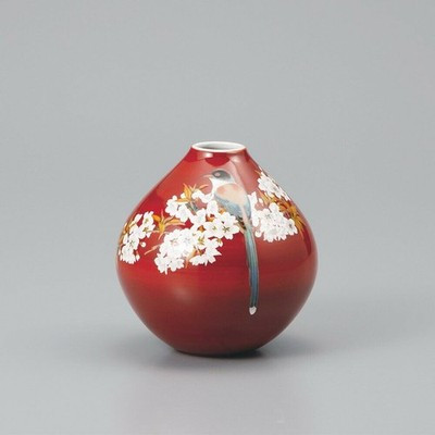 Kutani ware Japanese Flower single vase Yoshida-ya Flower Bird Red Japan