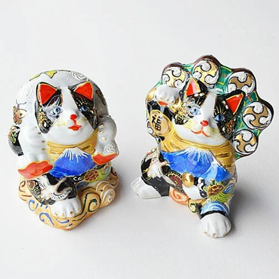 Kutani ware Pair Maneki neko Japanese lucky cat Fujin Raijin God Made in Japan