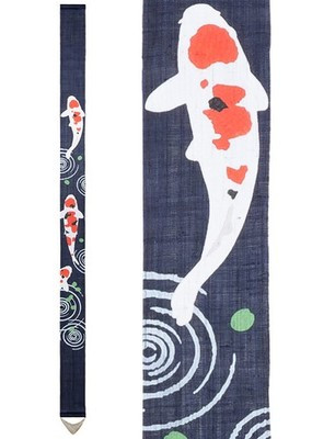 Kyoto Wall Hanging Tapestry Handpainted Linen Taisho Sanshoku Carps Lapis Blue