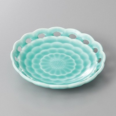 Japanese Deep Sea Celadon Fruit Plate Mino Ware Blue Ceramic Dish Made in Japan