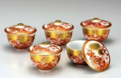 Yunomi Kutani porcelain Kumidashi Sencha Japanese tea cup lid set5 Peacock Peony