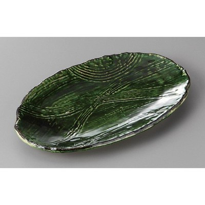 Japanese Mino Ware Oribe Combed Oval Sushi Sashimi Serving Plate 23.8cm