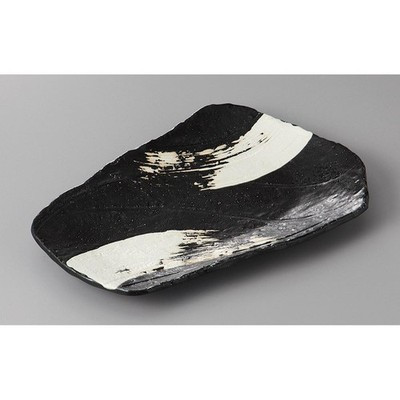 Japanese Black Charcoal White Brush Rectangular Grilled Fish Plate 25.5cm