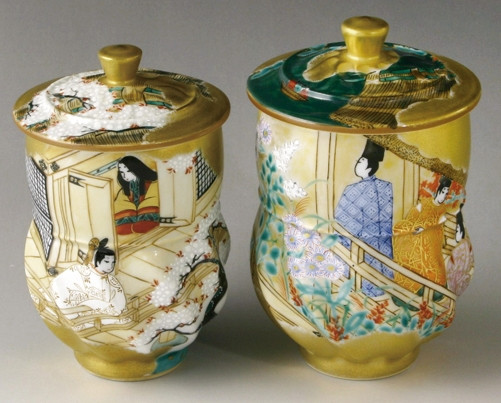 Tale of Genji Suma story Pair Yunomi Japanese tea cup Kyo Kiyomizu ware Japan