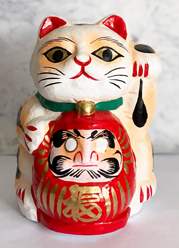 Daruma Darma Maneki Neko Takasaki Hariko Tumbling Doll Lucky cat White Japan