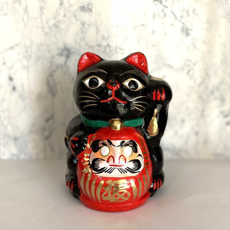 Daruma Darma Maneki Neko Takasaki Hariko Tumbling Doll Lucky cat Black Japan