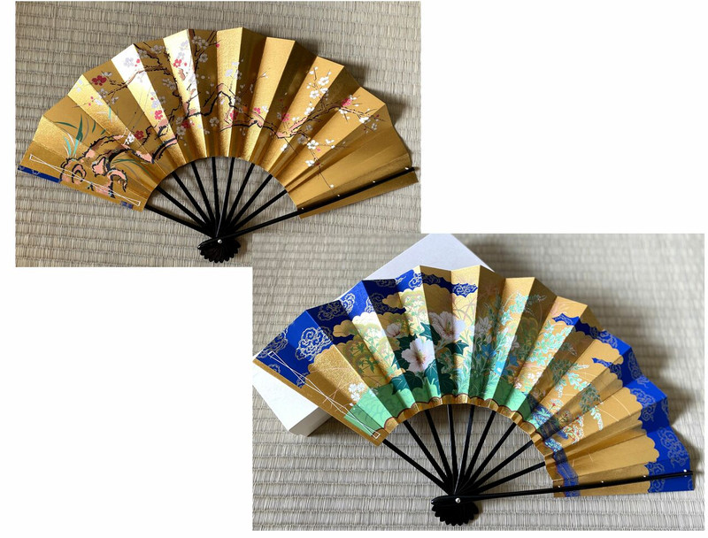 Kyoto Gold Sensu Japanese Bamboo Folding Fan Reversible Plum Fuyo Motif Japan