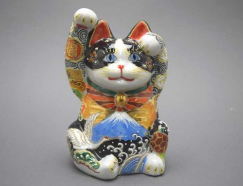 Maneki neko Japanese lucky cat Kutani yaki 5.3' Fuji handcraft from japan