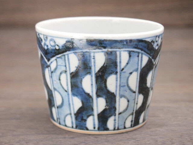 Kutani yaki Sobachoko Cup Bowl Handpaint underglaze Yoroke Line pattern Japan