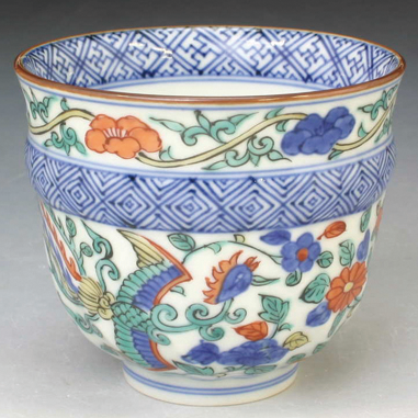Kyo Kiyomizu yaki Iro-e Obi Phoenix Yunomi Green tea cup Overglaze enamel Japan