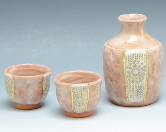 Sake cup and Bottle set Kyo Kiyomizu yaki ware Guinomi Tokkuri Japan Shino Inka