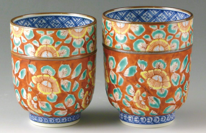 Yunomi japanese Green Tea cup set Kyo Kiyomizu yaki ware Auspicious Red