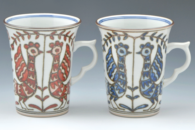 Kyo Kiyomizu yaki Japanese Coffee Tea Mug Cup Red Blue Porcelain Kacho Japan