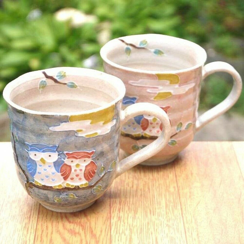 Pair Kyo Kiyomizu yaki ware Mug Coffee Tea Cup Owl Fukuro Motif Handpaint Japan