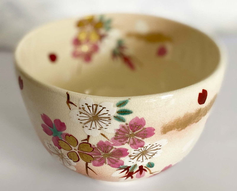 CHAWAN japanese Matcha green tea bowl KYO KIYOMIZU yaki SAKURA cherry  blossom