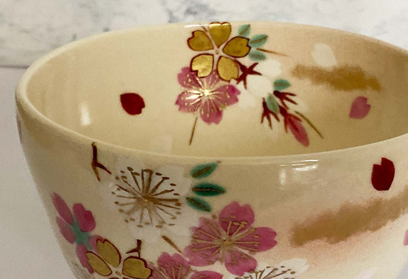 CHAWAN japanese Matcha green tea bowl KYO KIYOMIZU yaki SAKURA cherry  blossom