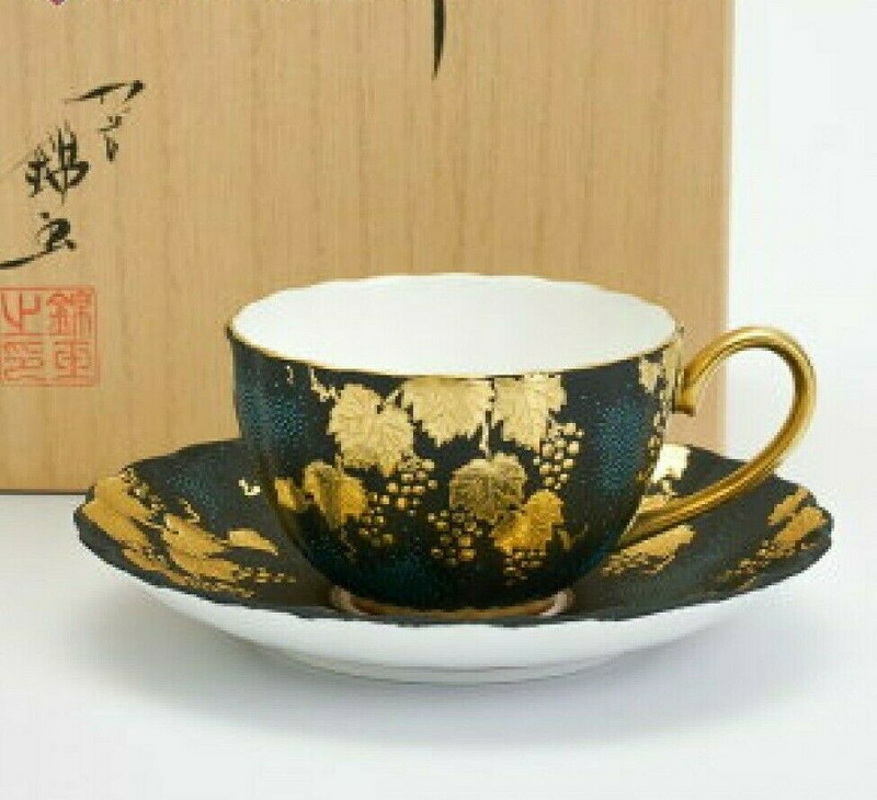 Kutani yaki porcelain Coffee Tea Cup Saucer Aochibu Shirochibu Mori Grape Motif