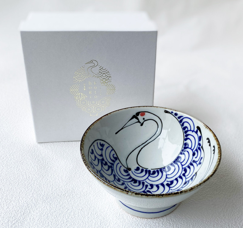 Arita Hasam porcelain Kotohogi Rice Bowl Kurawanka Crane Motif Handcraft Japan
