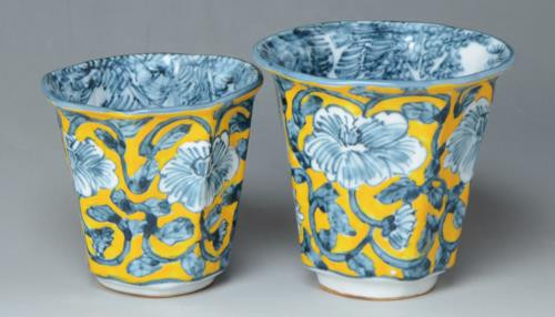 Yunomi Kyo Kiyomizu yaki porcelain Japanese tea cup set Kidami Hana Karakusa