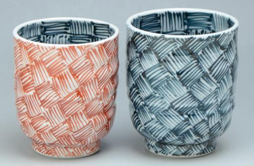 Yunomi Kyo Kiyomizu yaki porcelain Japanese tea cup set Sometsuke Akae Ajiro