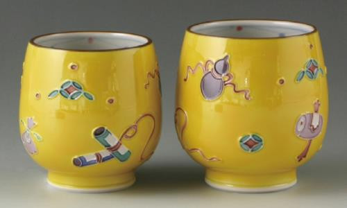 Yunomi Kyo Kiyomizu yaki porcelain Japanese tea cup set Kochi Yellow treasure