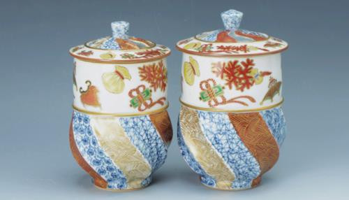 Yunomi Kyo Kiyomizu yaki Japanese pottery tea cup set Fuki Shunju Gold Japan