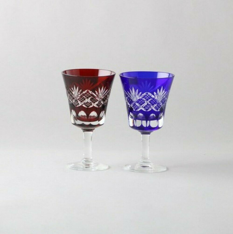 Edo Kiriko Tsurugi Yarai Japanese Wine cup goblet set of 2 Handcraft Japan
