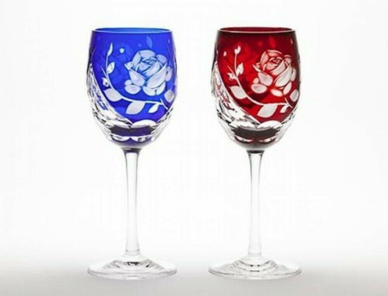 Edo Kiriko Rose motif Japanese Wine cup goblet set of 2 Handcraft Japan
