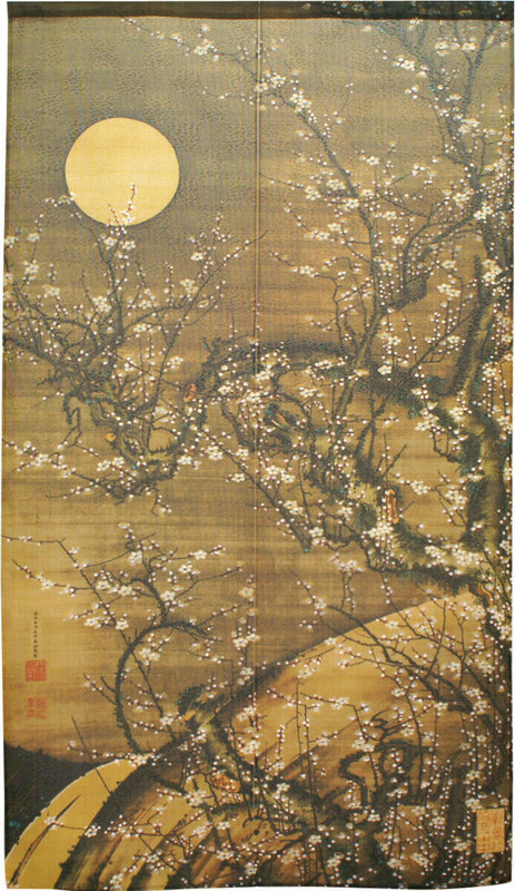 Noren Japanese Curtain White Plum Blossoms in Moonlight motif Jakuchu Japan