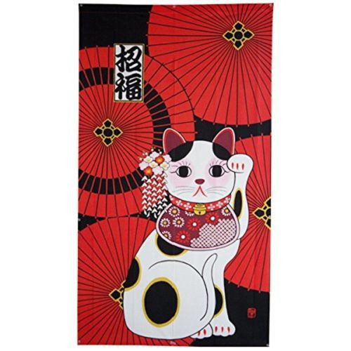JAPANESE Noren Curtain MANEKINEKO lucky cat and BANGASA umbrella 85 x150 cm