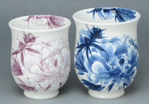 Yunomi Kyo Kiyomizu yaki porcelain Japanese tea cup set Gorgeous Botan peony