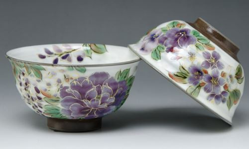 Pair Japanese Chawan Rice Bowl Kyo Kiyomizu yaki ware Purple flower Japan