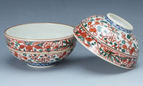 Pair Japanese Chawan Rice Bowl Kyo Kiyomizu yaki ware Akae Flower Bird Japan