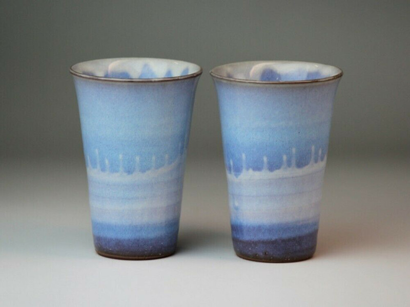 Pair Hagi yaki ware Japanese Pottery Tumbler Shochu Sake Cup Sazanami Blue Japan