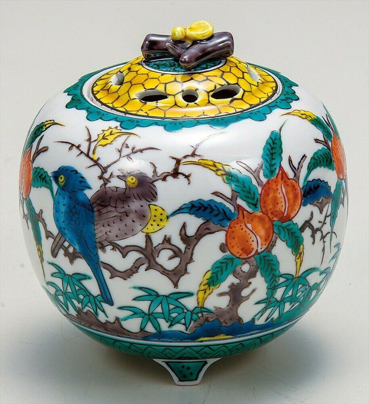 Kutani yaki ware Koro Incense Burner censer Old style Kutani Flower Bird Japan