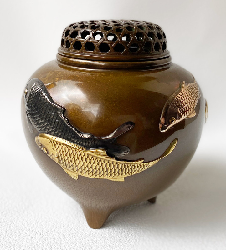 Koro Japanese Bronze Incense burner Takaoka Tamagata Koi Carp motif Japan
